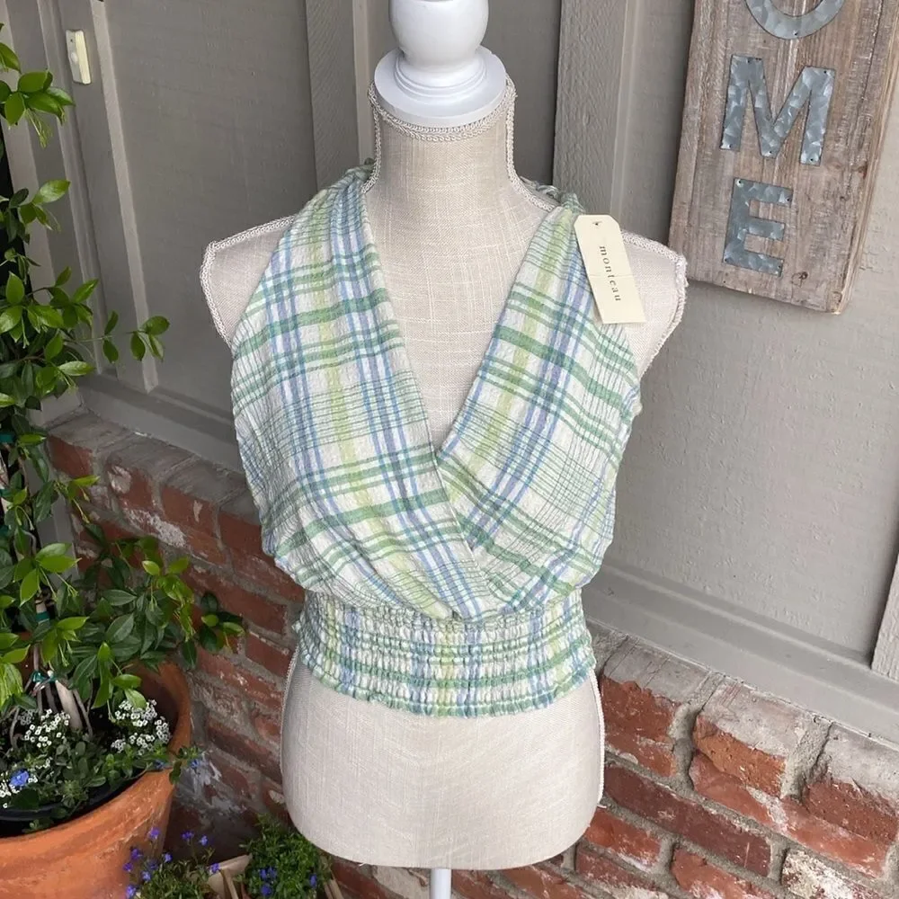 NWT Monteau Boho Plaid Smoked Halter Tie Tank Top Size: M - Picture 2 of 8